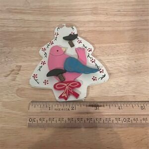 World Market Handcrafted‎ Wooden Bird Christmas Ornament Pink Blue folk